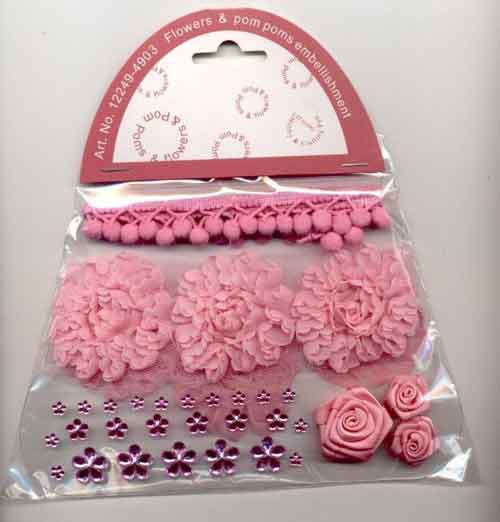 Pom Poms & Flowers Embellishment Set - Rose