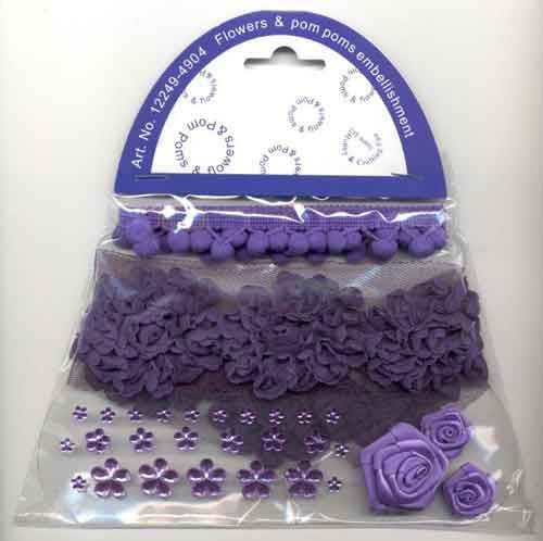 Pom Poms & Flowers Embellishment Set - Purple