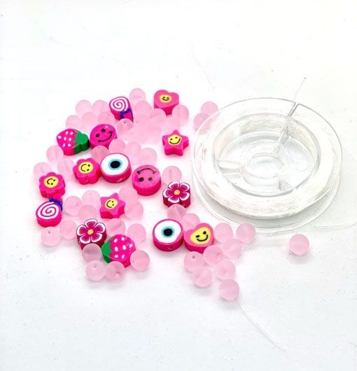 Katsuki Smileys & Beads, Pink, 64pcs & Elastic Thread 10M