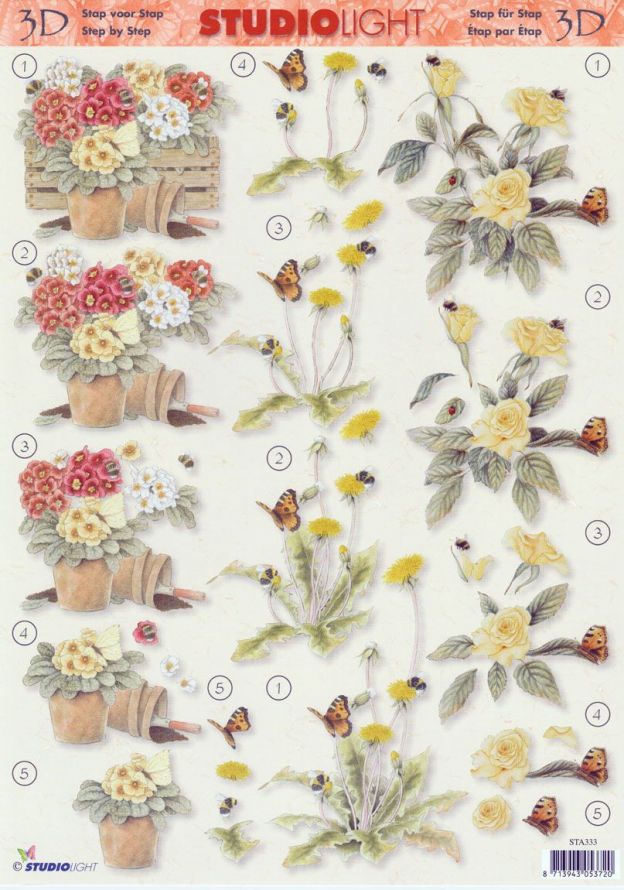 Butterfly - Flowers - 3DA4 Step by Step Decoupage Sheet