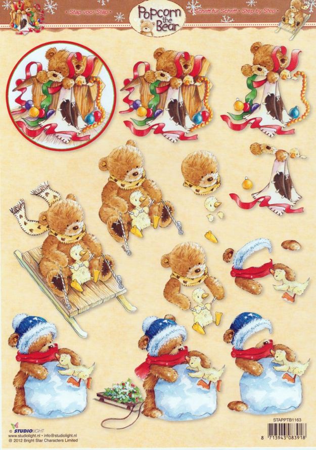 Popcorn the Bear Christmas - 3DA4 Step by Step Decoupage Sheet