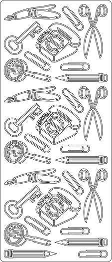 Scissor - Telephone - Pen - Key- Peel-Off Stickersheet - Silver